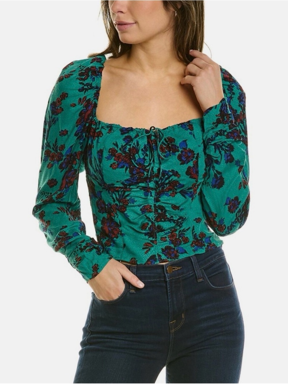 Free People Hilary Floral Square-Neck Long-Sleeve Tie Blouse